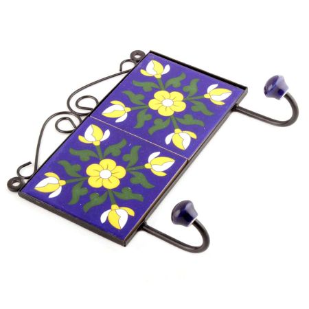 Navy Blue Yellow Flower Tiles Hooks